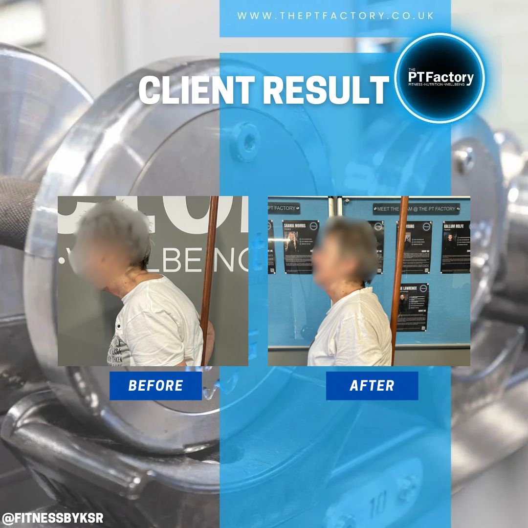 Client before and after — posture and fitness transformation at FitnessbyKSR